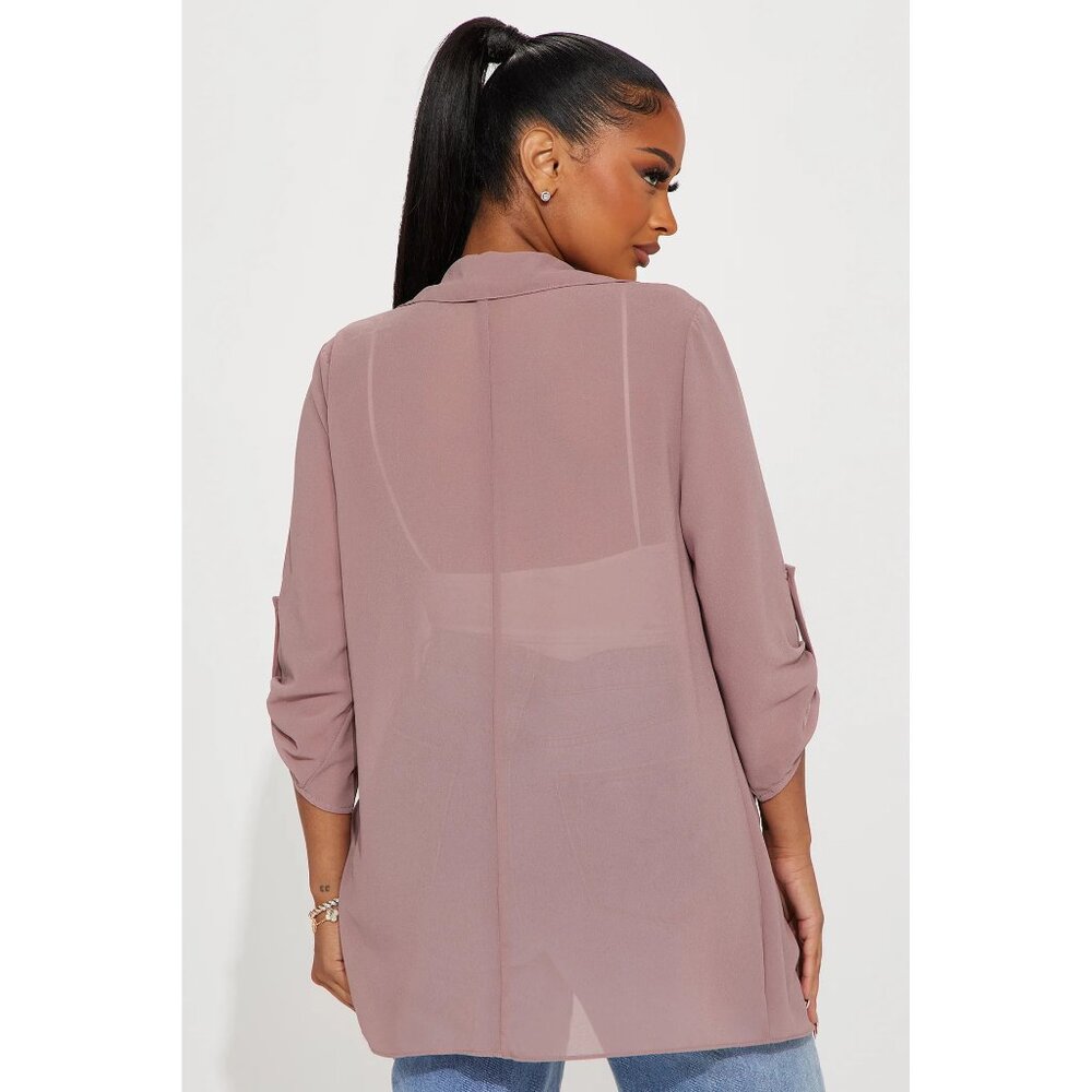 Fashion Nova Sheer Mocha Duster Jacket | Draped Chiffon Layer | Size S/M - Picture 3 of 3